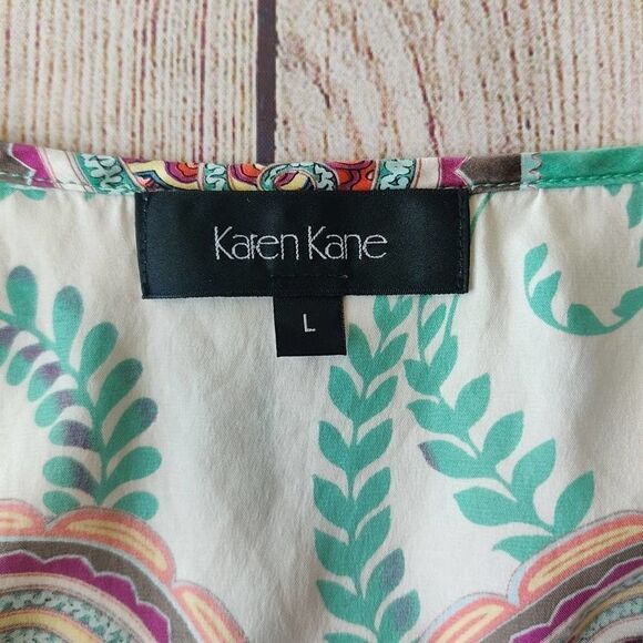 Karen Kane paisley boho 100% silk caftan blouse sz L - Picture 9 of 10